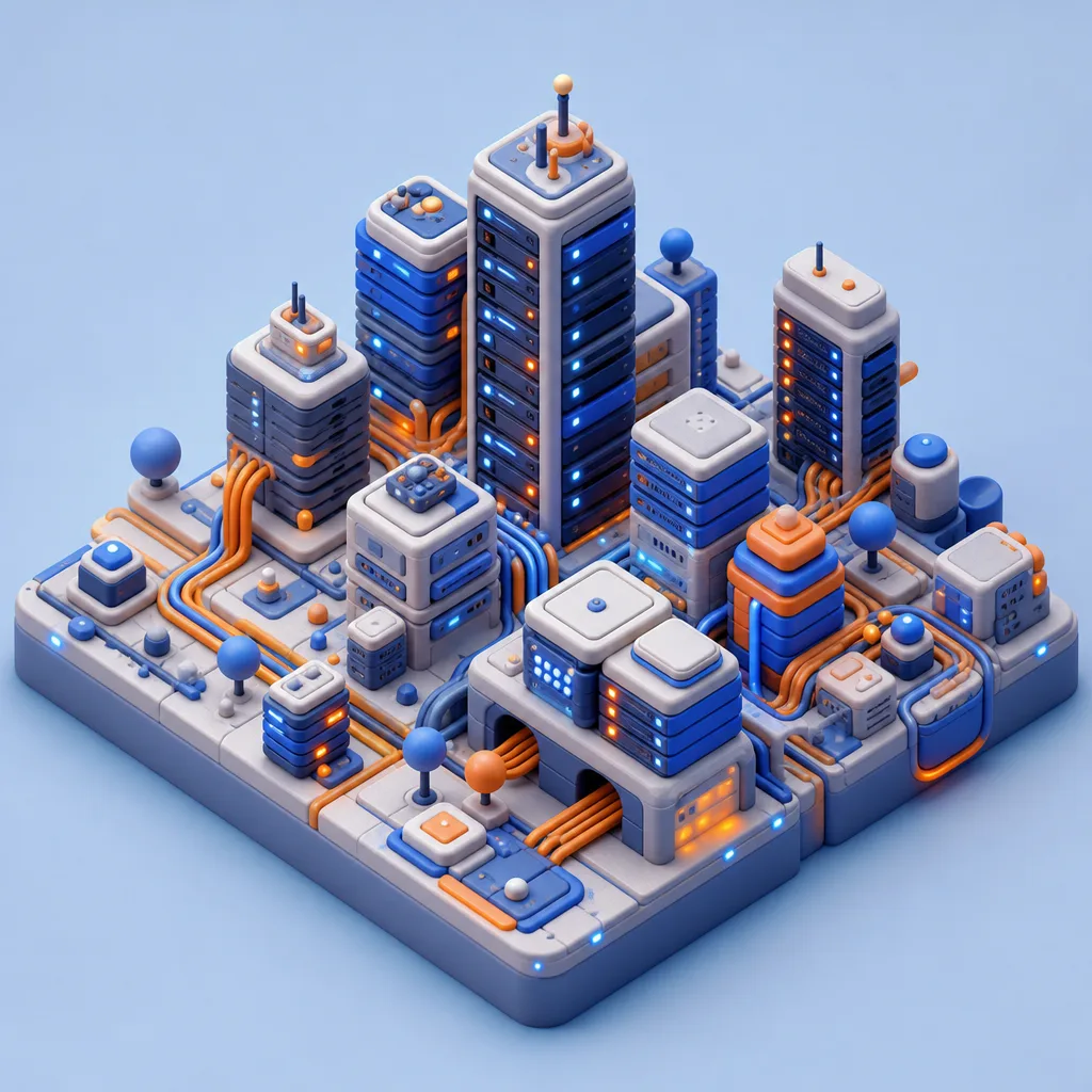 Tiny isometric city built from server racks and glowing cables, pastel clay render