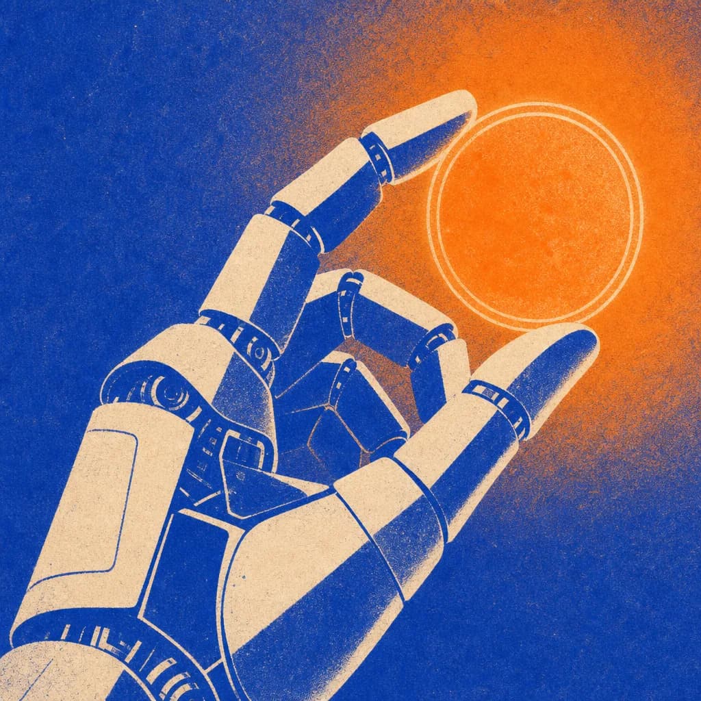 Risograph print of a robotic hand holding a glowing coin, cobalt and tangerine inks