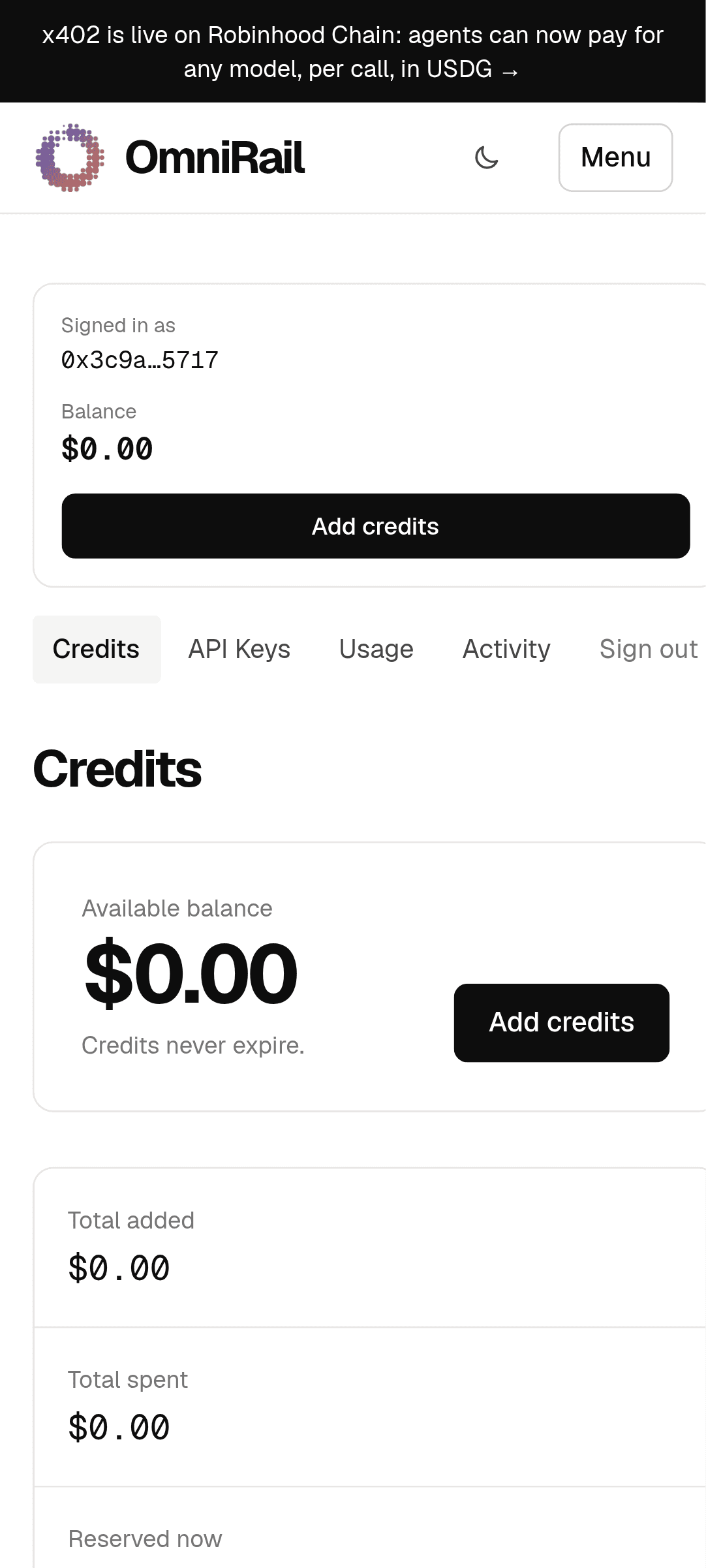 The OmniRail dashboard on a phone: credits, API keys and activity